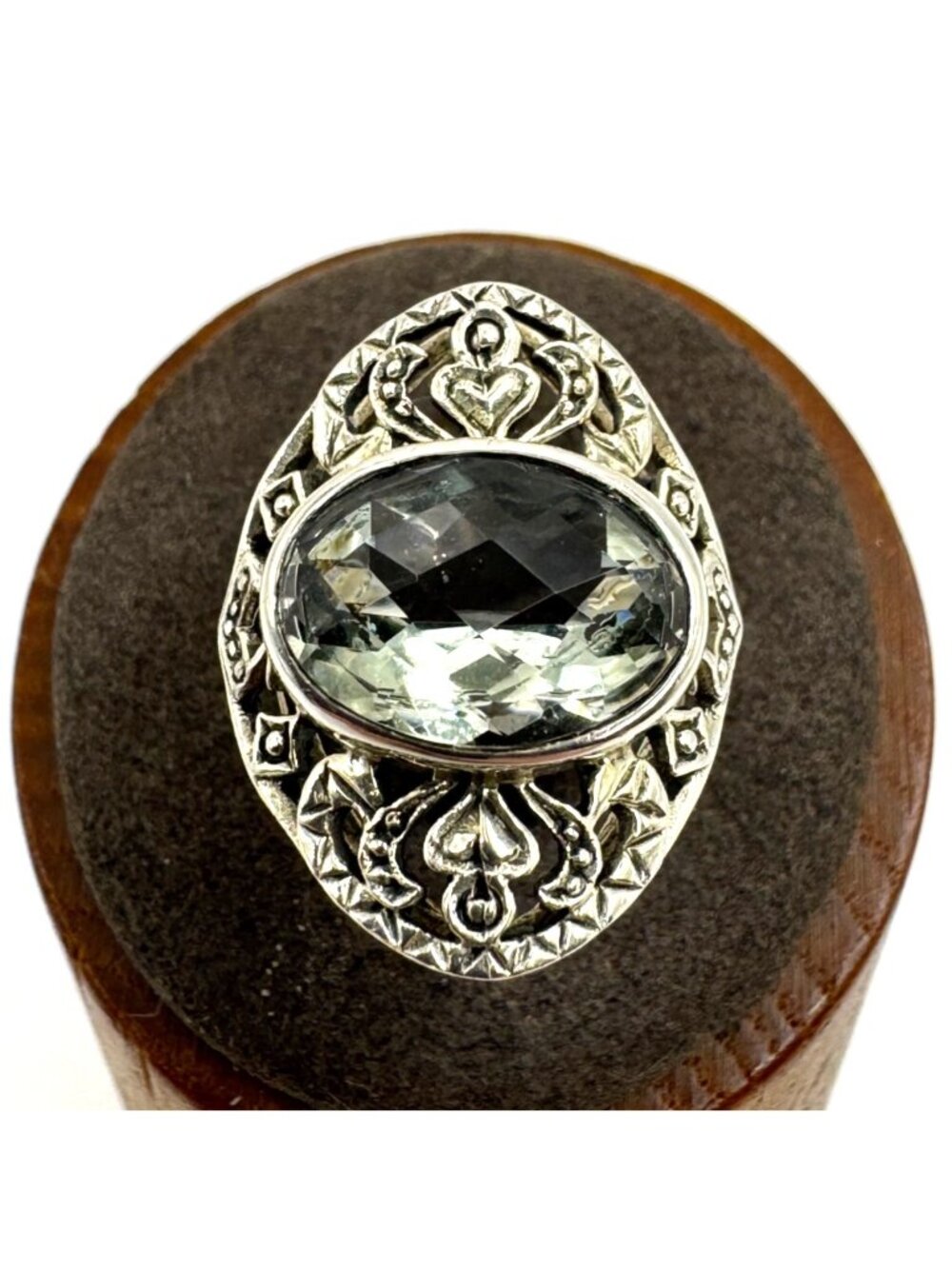 Green Amethyst Scroll Heart Design Statement Ring Sterling Silver 925 Size 6.75